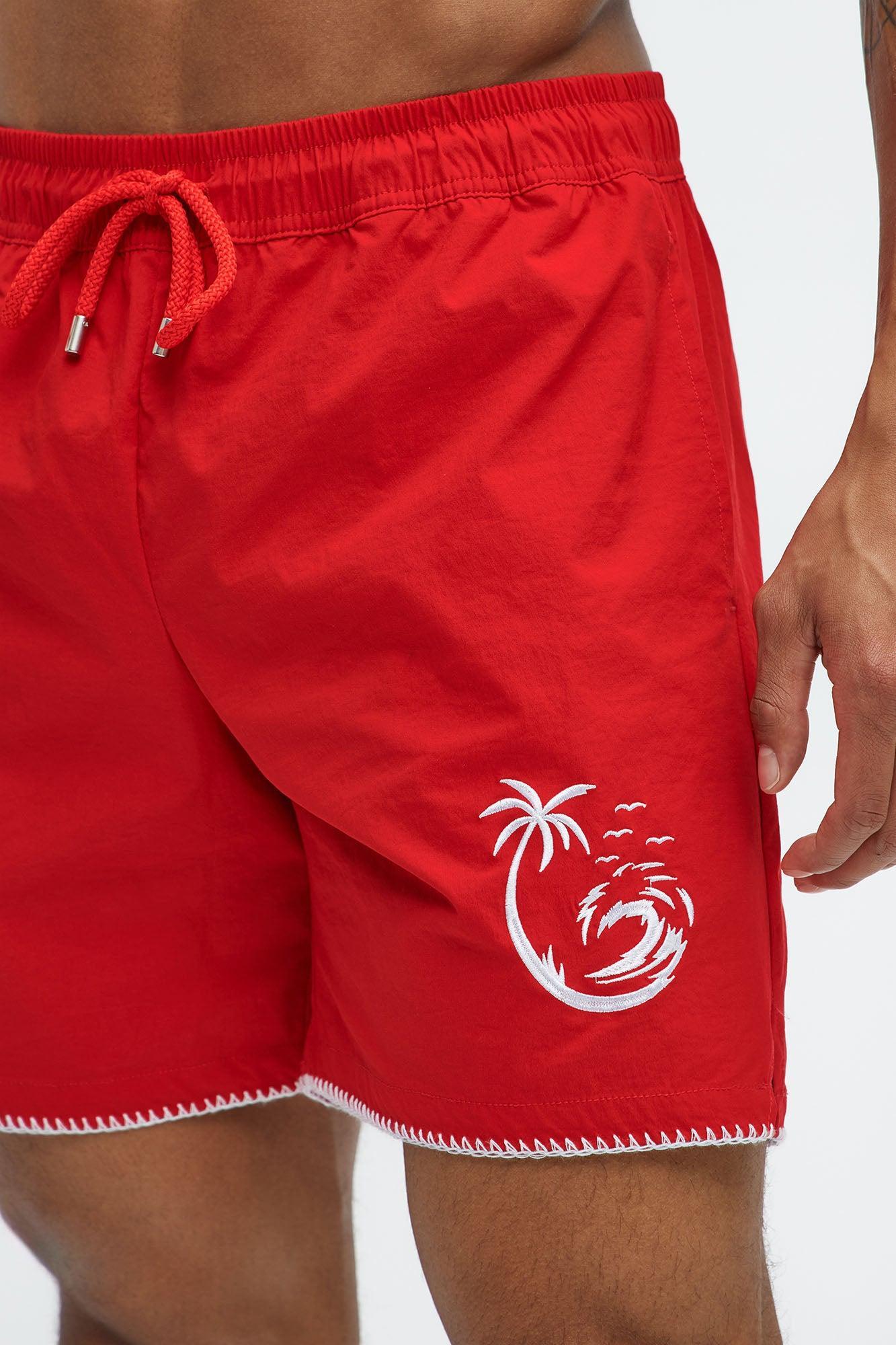 Palm Embroidered Swim Mid Trunk - Red Product Image