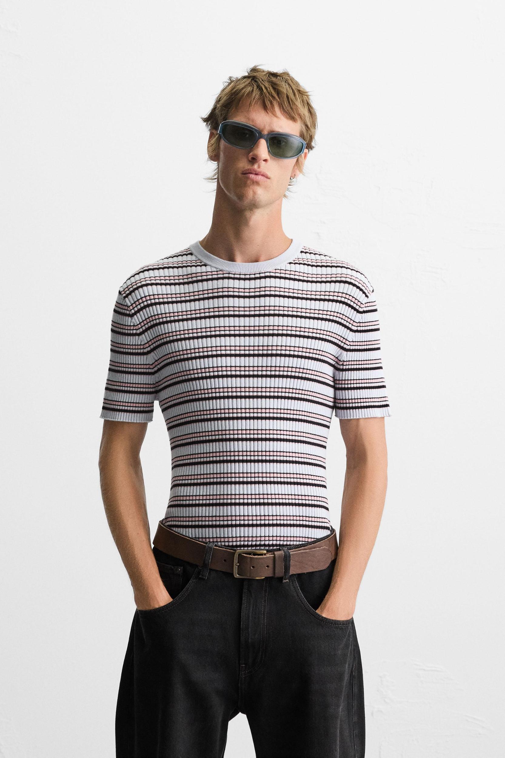 STRIPED RIBBED KNIT T-SHIRT Product Image