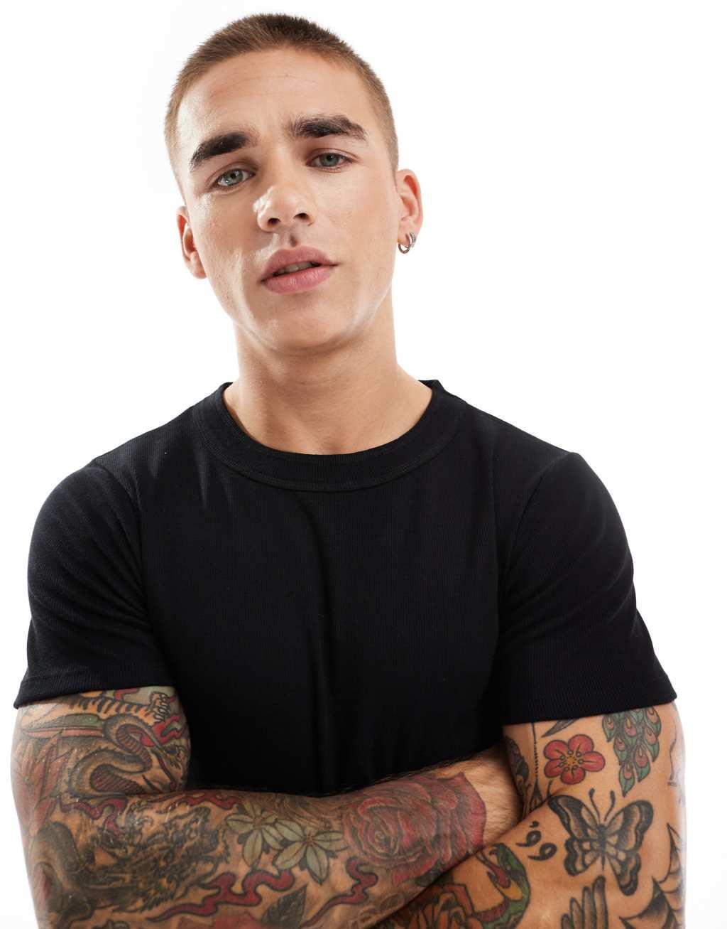 ASOS DESIGN muscle fit rib t-shirt in black Product Image