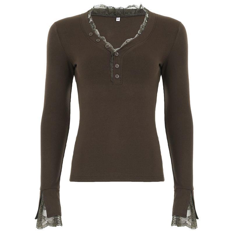 Long Sleeve Half-Button V-Neck Lace Panel Ribbed-Knit Slim-Fit Top Product Image