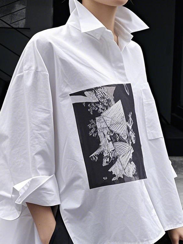 A-Line High-Low Buttoned Pockets Printed Split-Side Stand Collar Blouses&Shirts Tops Product Image