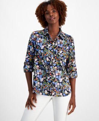 Tommy Hilfiger Womens Cotton Floral-Print Roll-Tab Shirt Product Image