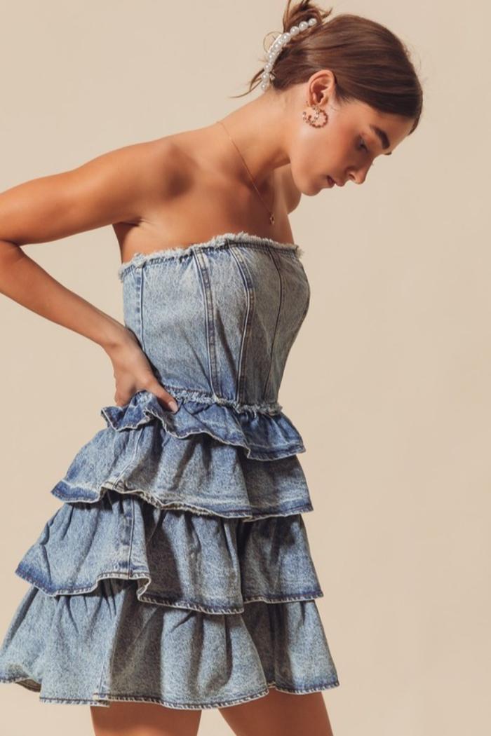 Strapless Ruffle Layered Denim Dress Product Image