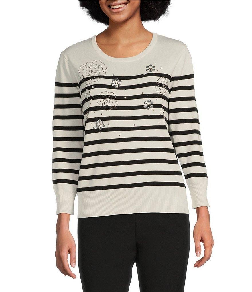 KARL LAGERFELD PARIS Stripe Floral Embellished Crew Neck 3/4 Sleeve Sweater Product Image