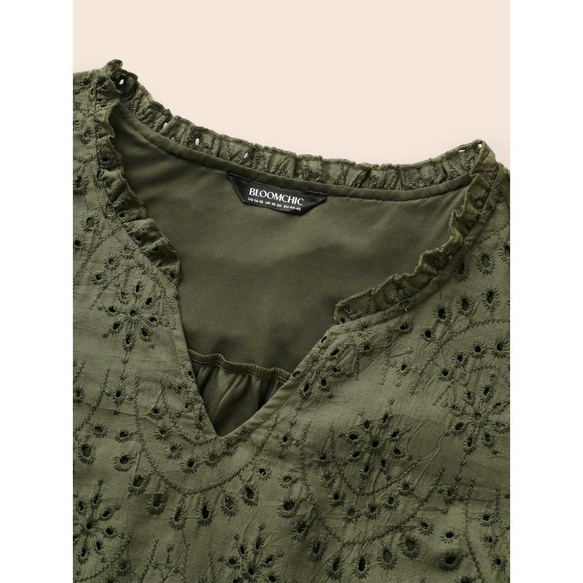 Plus Size RedViolet Notched Broderie Anglaise Frill Trim Blouse Women Elegant Short sleeve Notched collar Everyday Blouses BloomChic 18-20/2X Product Image