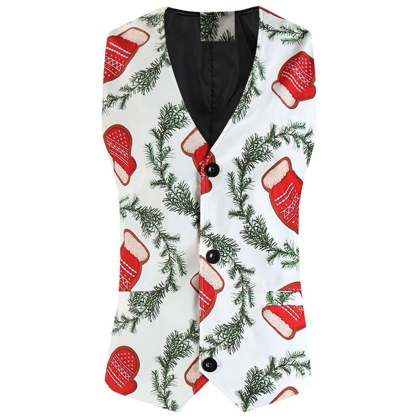 Notch Lapel Christmas Print Single Breasted Blazer / V-Neck Button Vest / Mid Rise Slim Fit Dress Pants / Set Product Image