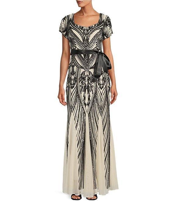 R & M Richards Short Sleeve Sweetheart Neck Embellished Sequin Panel Godet Dress Product Image