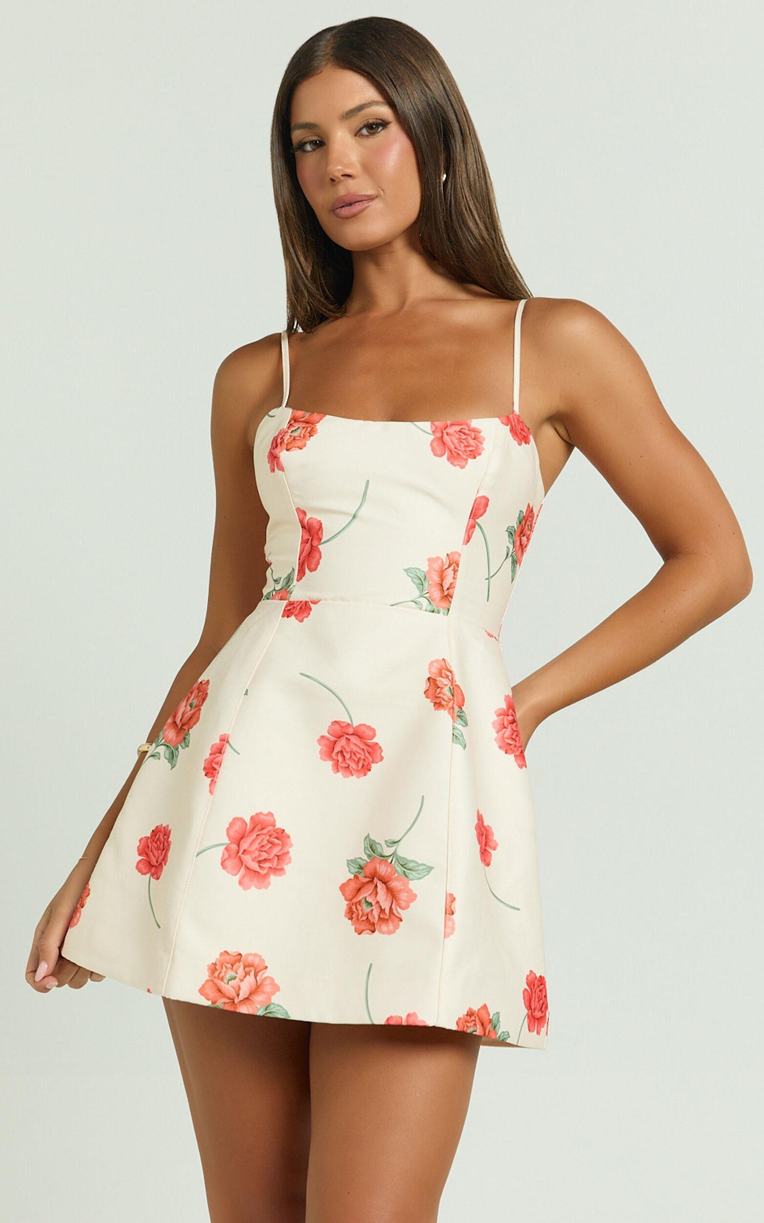 Tia Mini Dress - Square Neck Fit And Flare Dress in Rose Garden Print Product Image