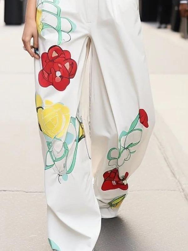 High Waisted Wide Leg Flower Print Pleated Pockets Pants Trousers Product Image