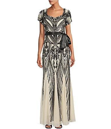 R  M Richards Petite Size Short Sleeve Sweetheart Neck Sequin Panel Godet Embellished Dress Product Image