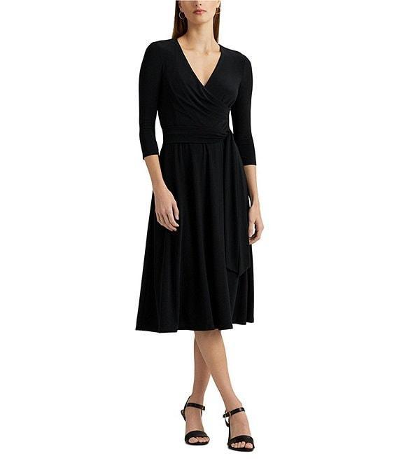 Lauren Ralph Lauren Wrap Front V-Neck 3/4 Sleeve Jersey Machine Washable Midi Dress Product Image