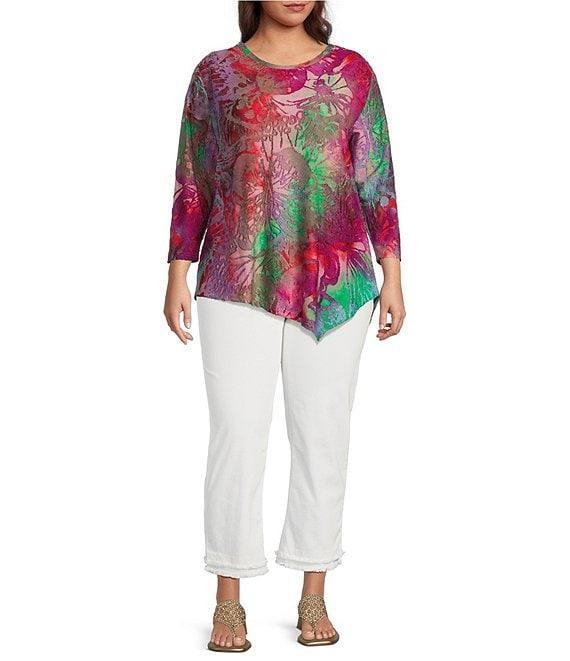 Calessa Plus Size Burnout Tie-Dye Crew Neck Bracelet Sleeve Asymmetric Hem Tunic Product Image