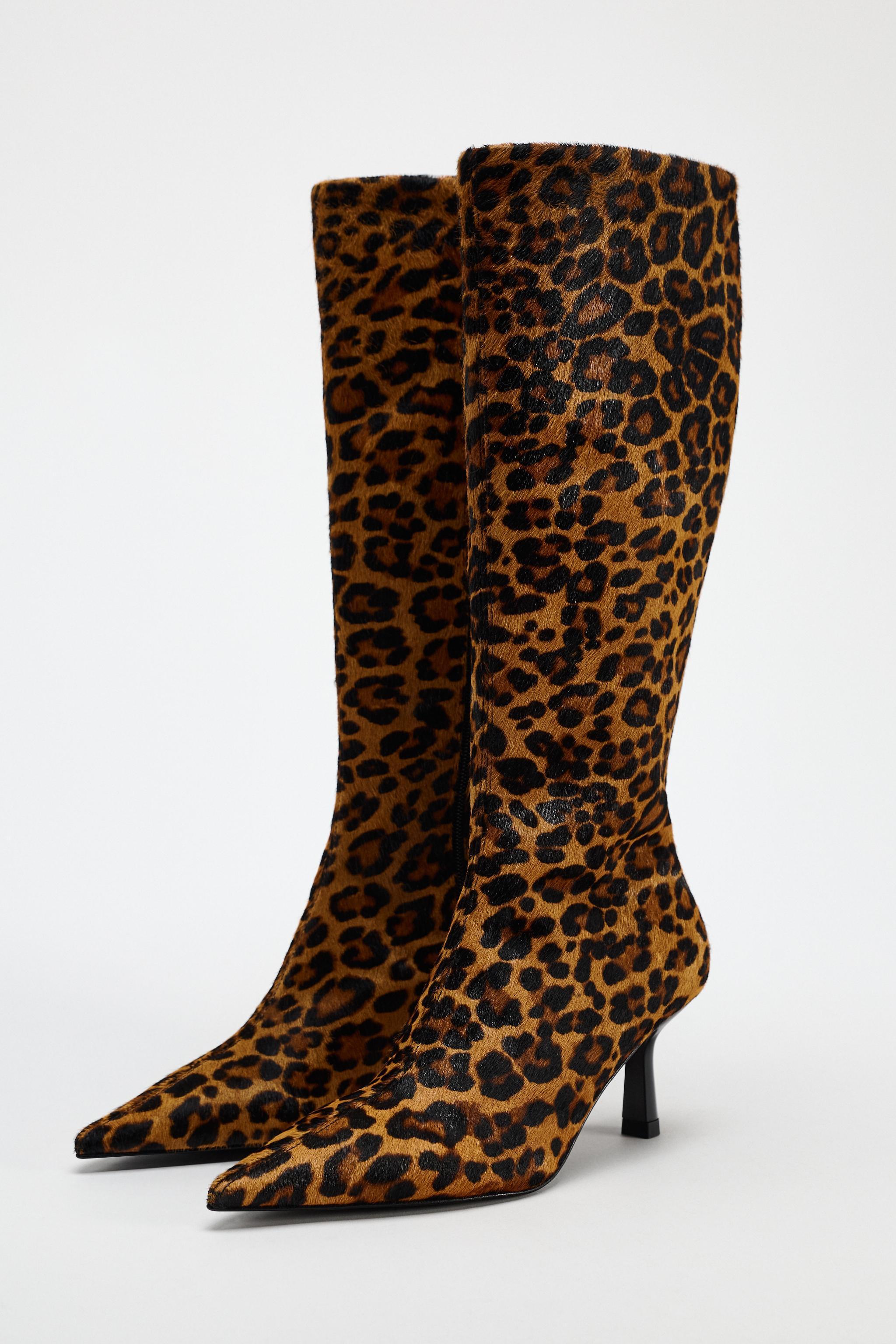 ANIMAL PRINT HEELED LEATHER BOOTS Product Image