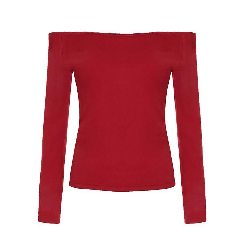 Long-Sleeve Off Shoulder Plain Top / Waist Belt Product Image