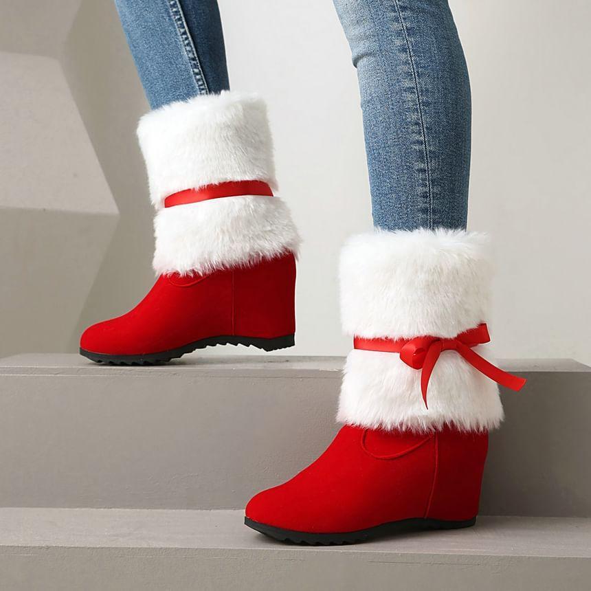 Ribbon Accent Furry Panel Ribbon Accent Short Boots Product Image