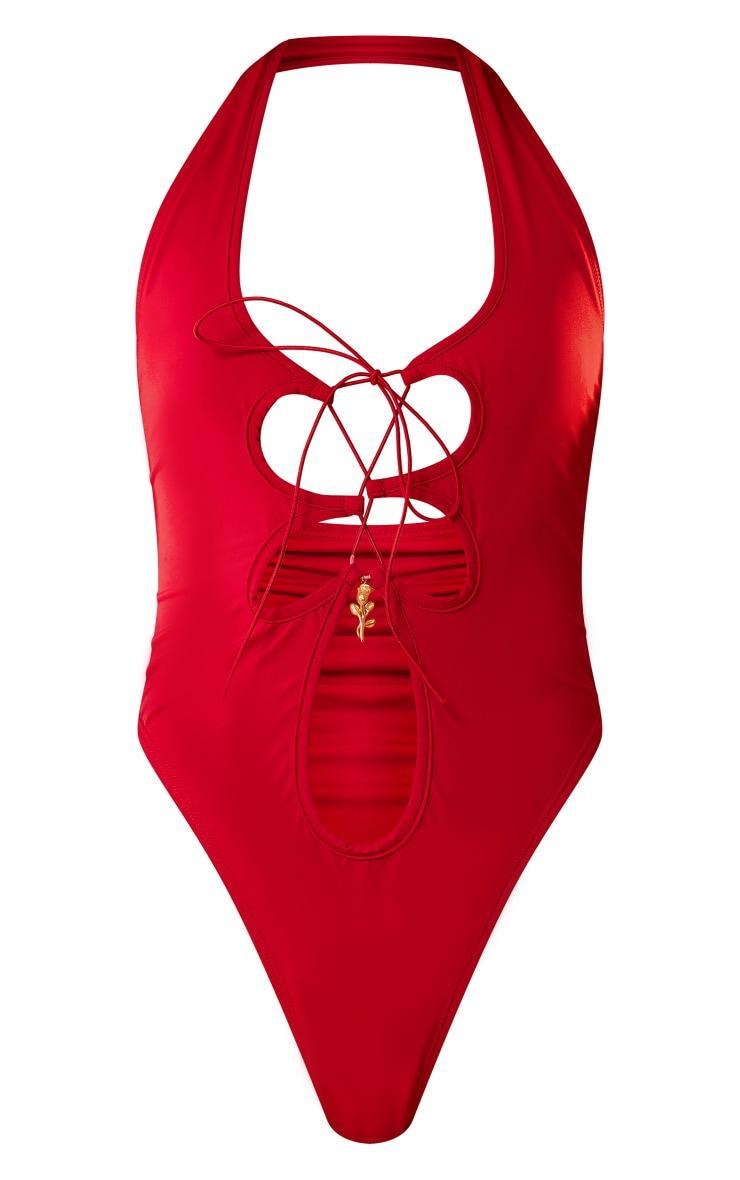 Burgundy Tie Front Cut Out Swimsuit Product Image