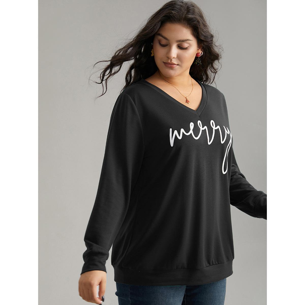 Plus Size Season's Greetings Printed V-Neck Sweatshirt Women Black Casual Printed V-neck Festival-Christmas Sweatshirts BloomChic 14-16/1X Product Image