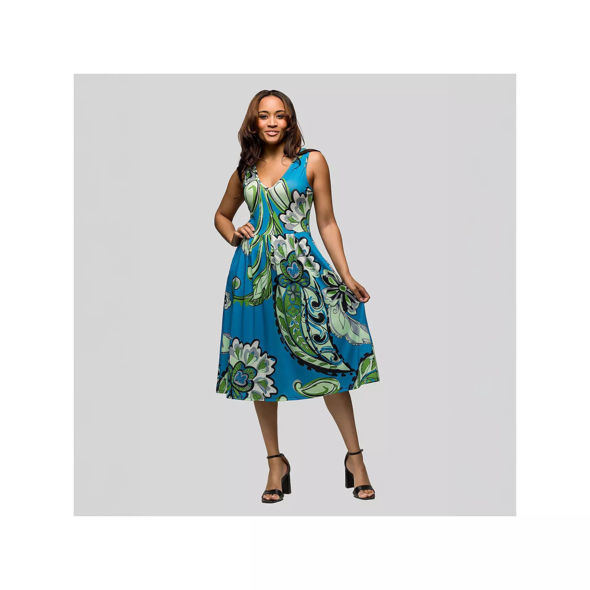 Women's 24Seven Comfort Apparel Paisley Sleeveless Pleated Midi Pocket Dress, Size: Large, Blue Team Product Image