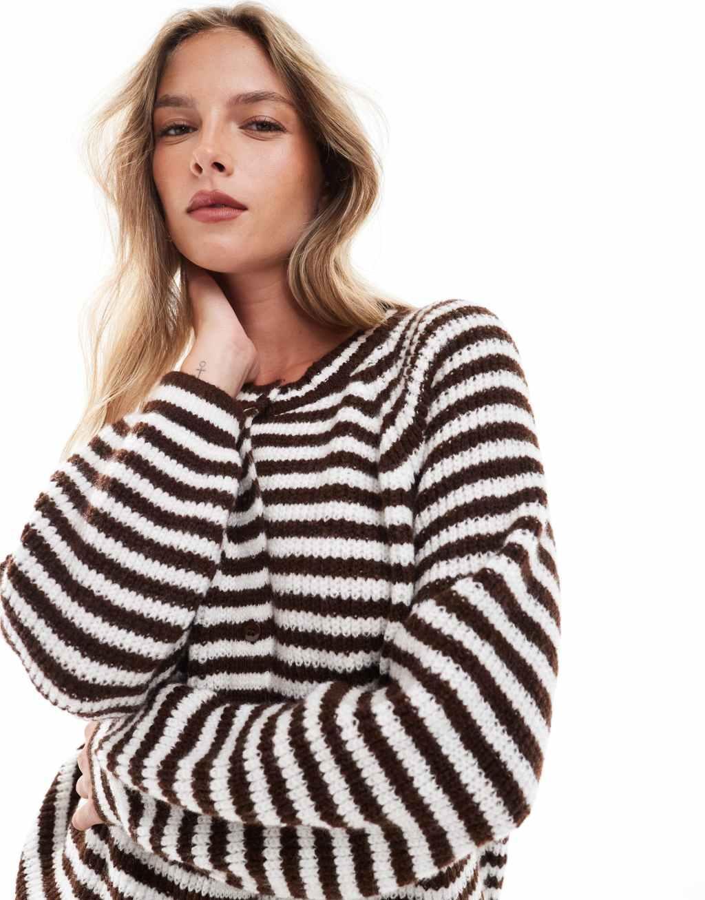 ASOS DESIGN knitted raglan cardigan in chocolate stripe Product Image