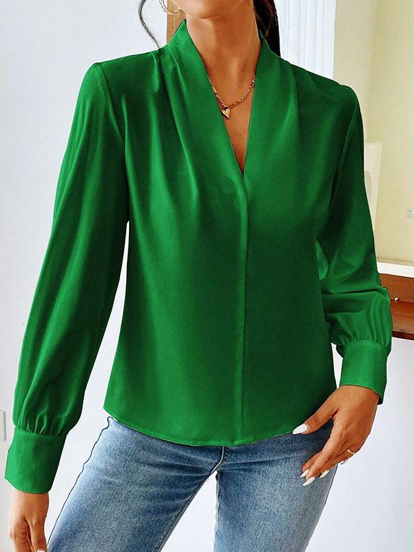 Long Sleeves Loose Pleated Solid Color Split-Joint V-Neck Blouses&Shirts Tops Product Image