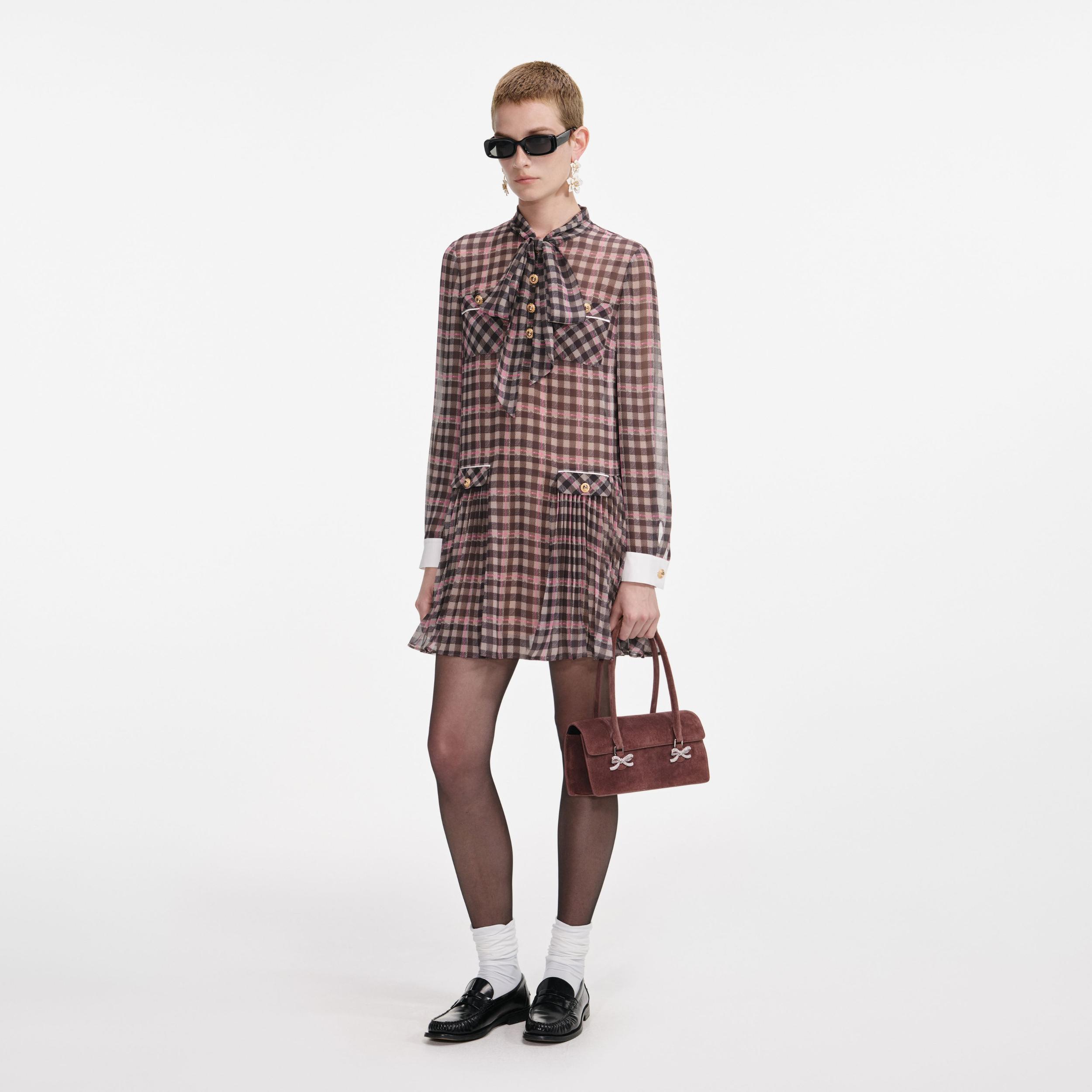 Brown Check Chiffon Mini Dress Product Image