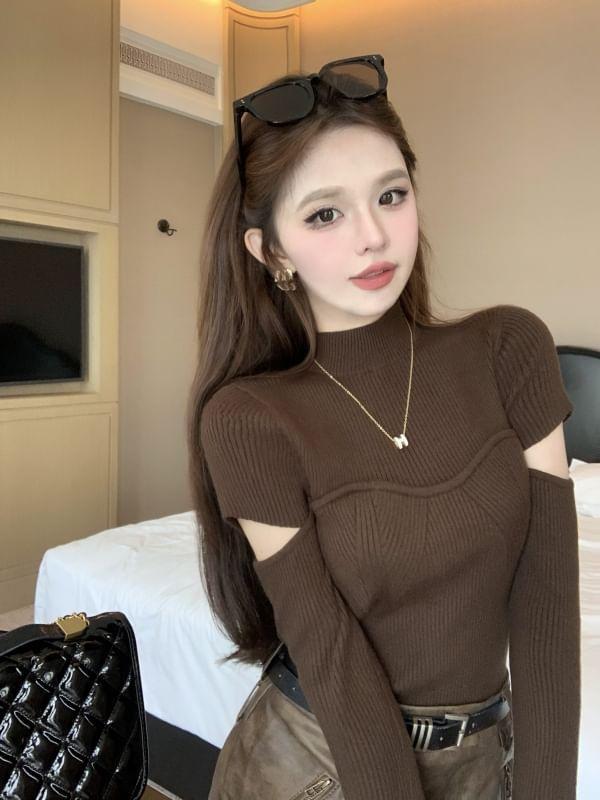 Long-Sleeve Mock-Neck Cutout Slim-Fit Knit Top Product Image