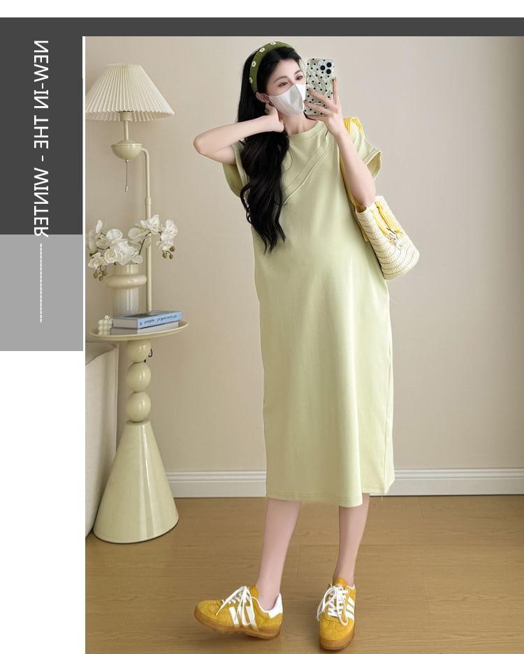 Maternity Short Sleeve Crew Neck Plain Cutout Panel Midi A-Line Dress Product Image