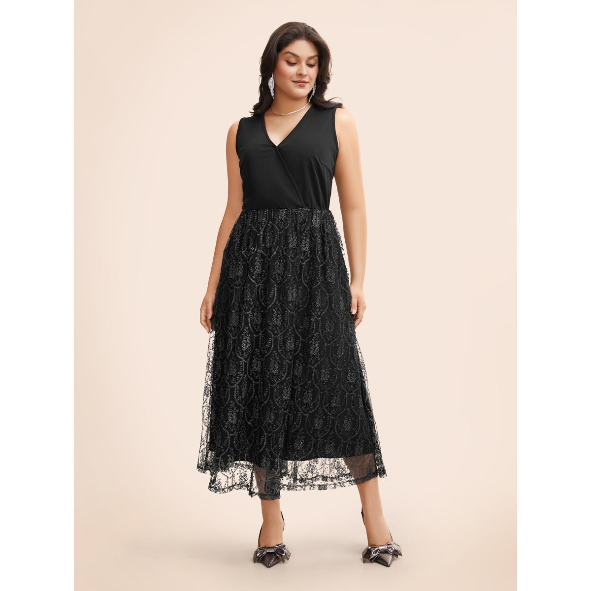 Plus Size Embroidered Mesh Patchwork Sleeveless Dress Black Women Formal Texture Overlap Collar Sleeveless Curvy BloomChic 22-24/3X Product Image