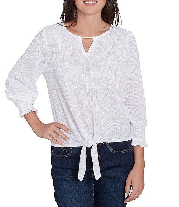 Ruby Rd. Knit Crinkle Keyhole Neck Bar 3/4 Sleeve Tie-Front Top Product Image
