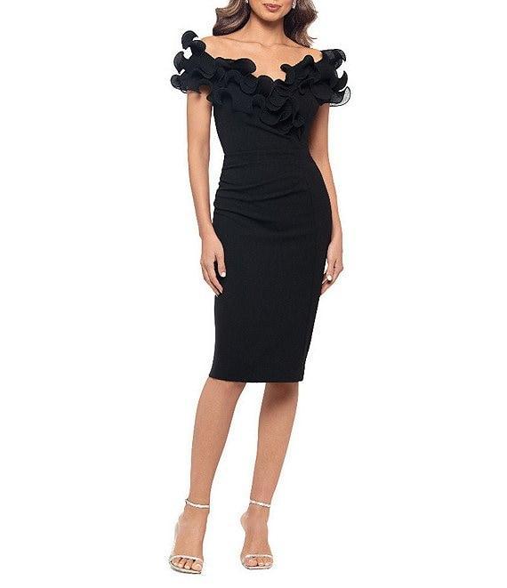 Xscape Scuba Crepe V-Neck Sleeveless Wire Ruffle Trim Ruched Back Dress Product Image