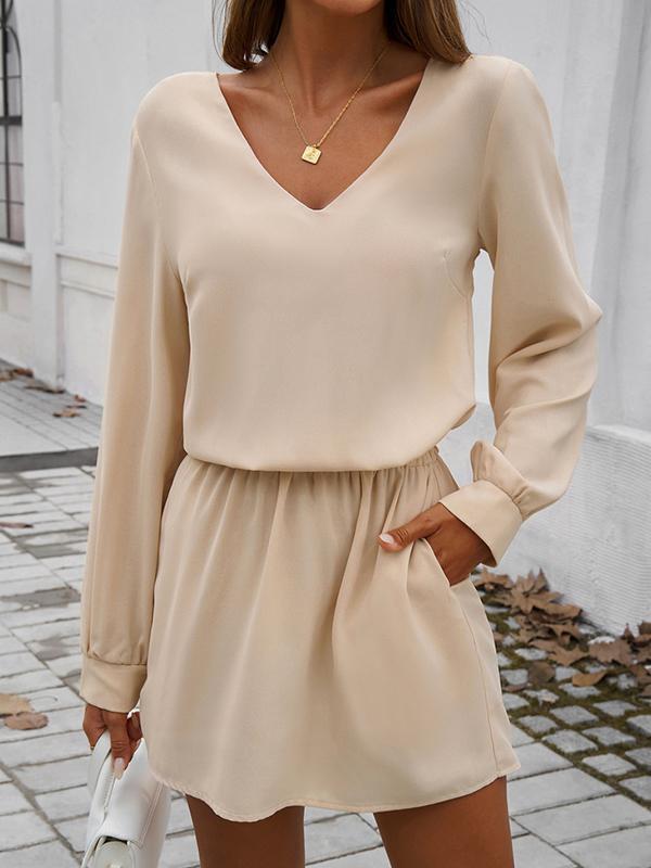 A-Line High Waisted Elasticity Pleated Solid Color V-Neck Mini Dresses Product Image