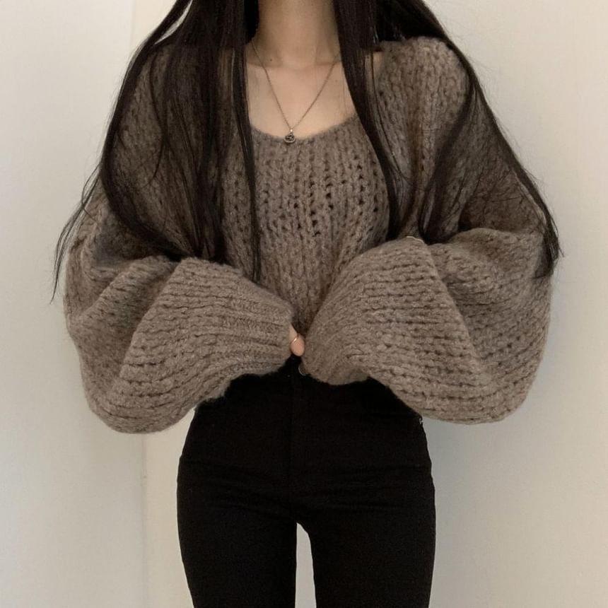 Puff-Sleeve Plain Chunky Knit Sweater Product Image