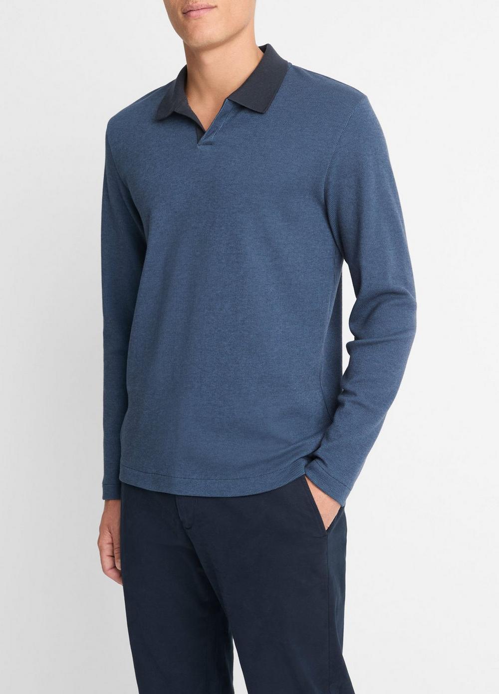 Mens Bicolor Rib Cotton-Blend Johnny-Collar Shirt, Beluga Blue/coastal, Size S Vince Product Image