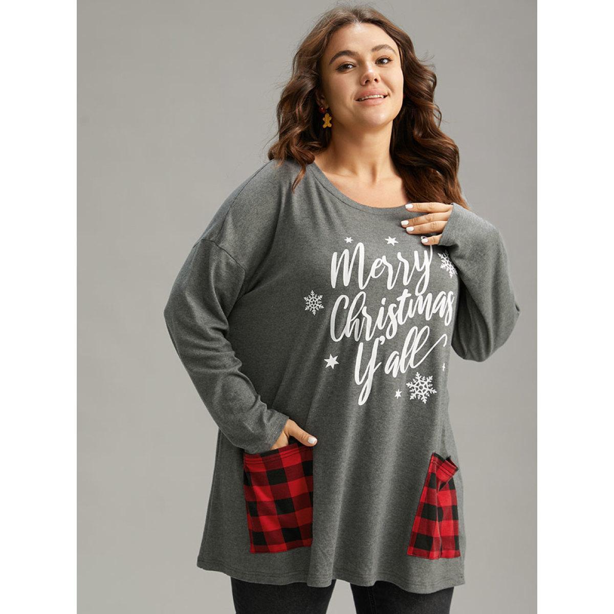 Plus Size Christmas Letter Plaid Patchwork Pocket T-shirt DimGray Women Casual Contrast Christmas Festival-Halloween T-shirts BloomChic 18-20/2X Product Image