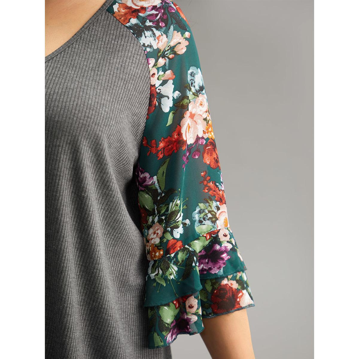Plus Size Floral Patchwork Flutters Raglan Sleeve T-shirt DimGray Women Elegant Printed Floral V-neck Dailywear T-shirts BloomChic 28/5X Product Image