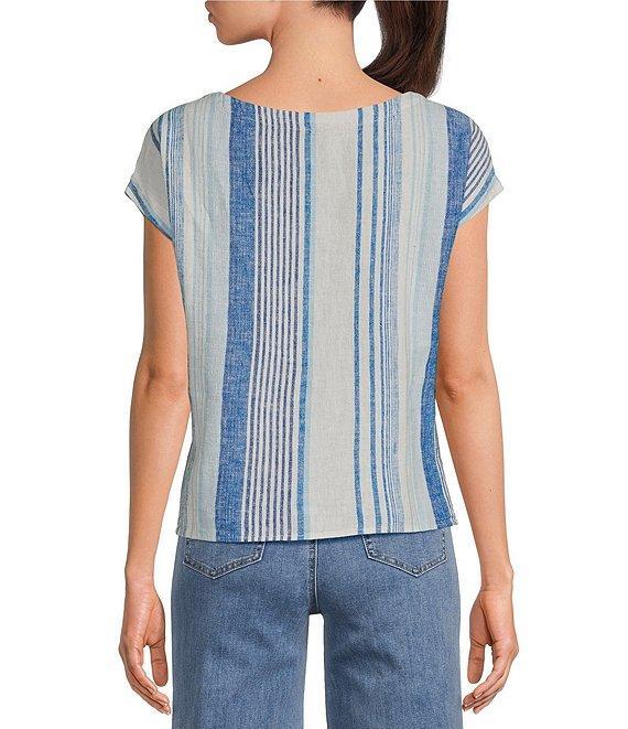 Charlie B. Linen Blend Stripe Print Boat Neck Cap Sleeve Tie-Front Blouse Product Image
