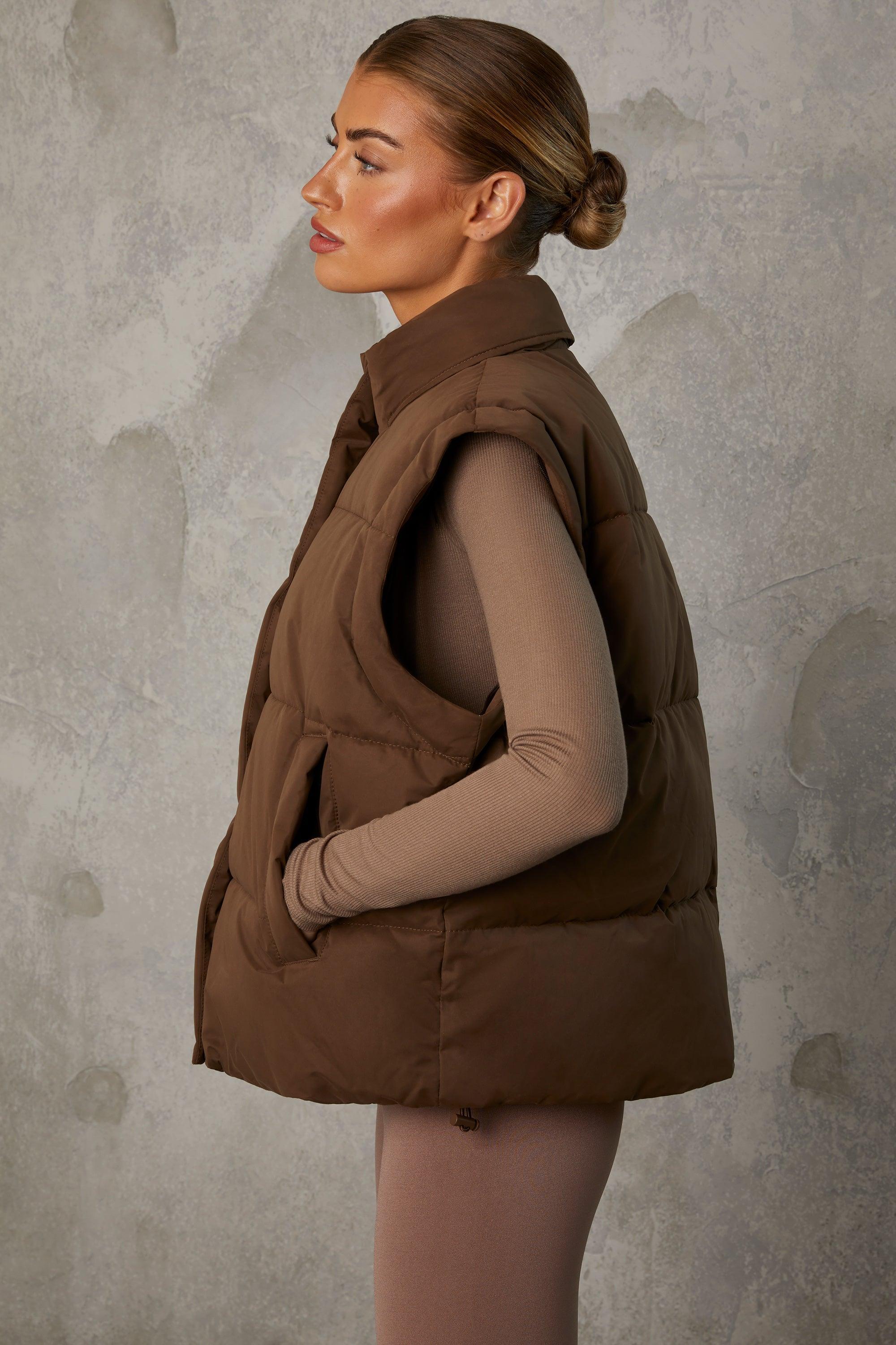 Cropped Puffer Jacket with Detachable Sleeves in Cocoa Brown Product Image