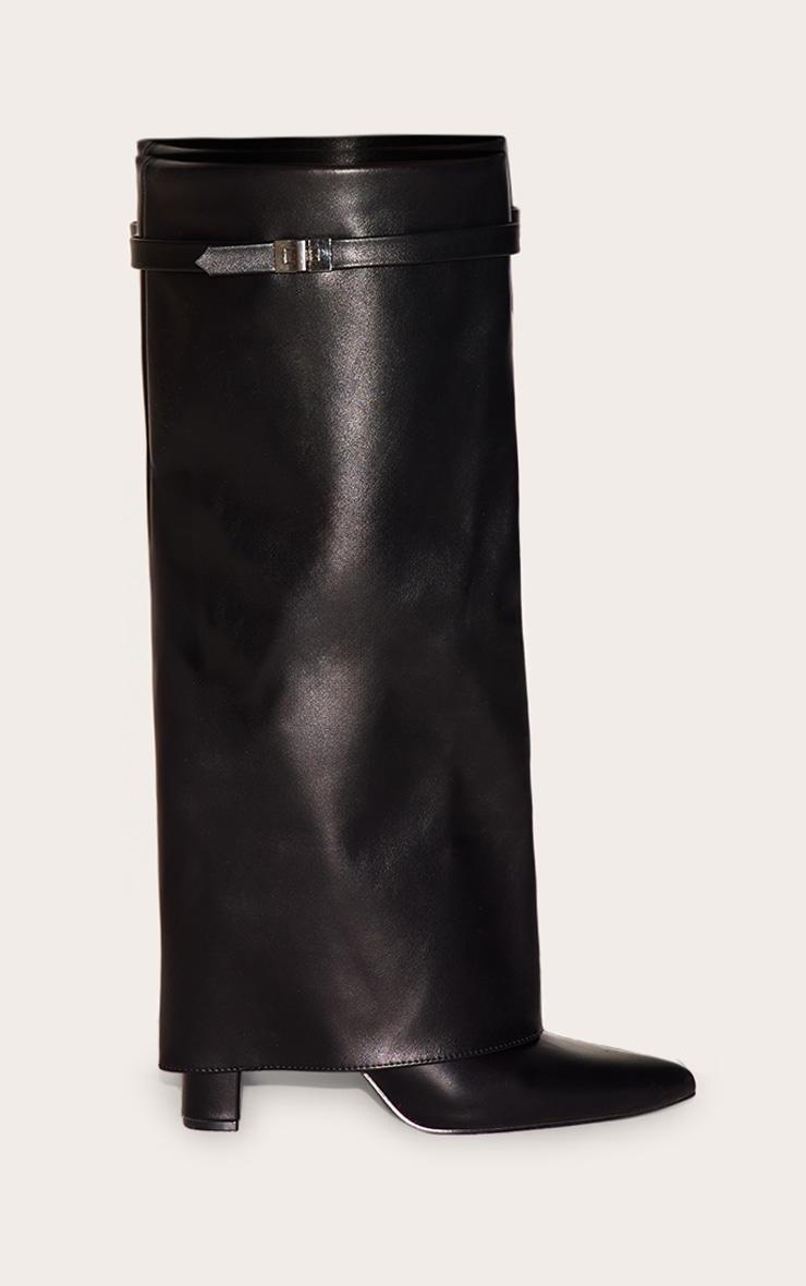 Black Matte PU Point Toe Fold Over Knee High Block Heeled Boots Product Image
