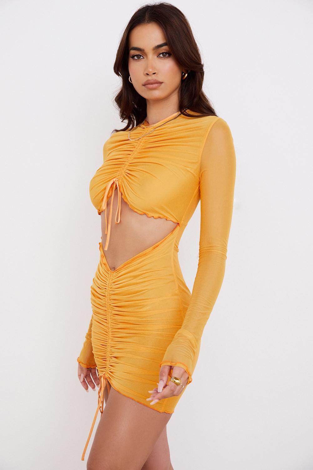 Jeanelle  orange ruched mesh long sleeve cutout mini dress Product Image