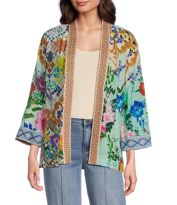 John Mark Floral-Printed Embroidered-Trim 3/4 Sleeve Kimono Product Image