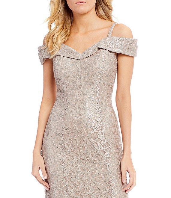 R & M Richards Off-the-Shoulder Cap Sleeve Floral Lace Mermaid Gown Product Image