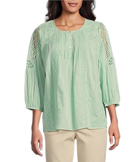 Intro Cotton Voile Crew Neck 3/4 Sleeve Lace Trim Peasant Blouse Product Image