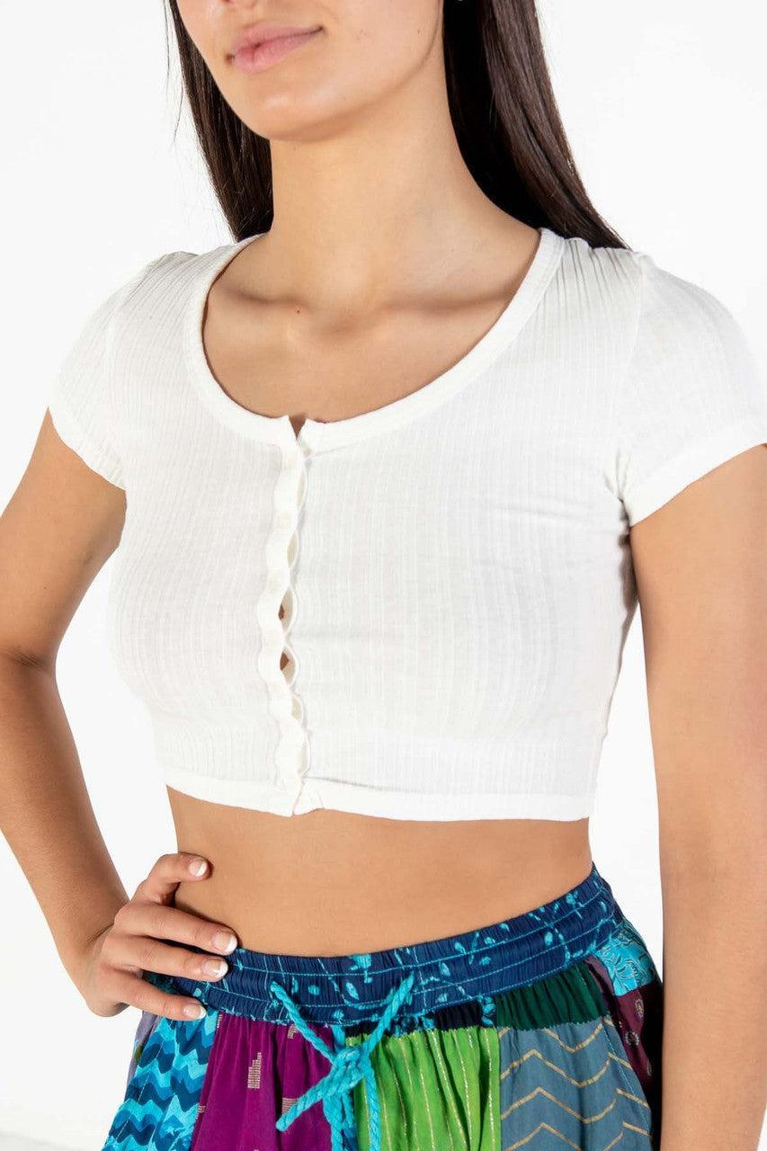 White Button Down Crop Tee Product Image