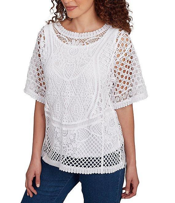 Ruby Rd. Crochet Lace Scoop Neck Elbow Length Sleeve Top Product Image