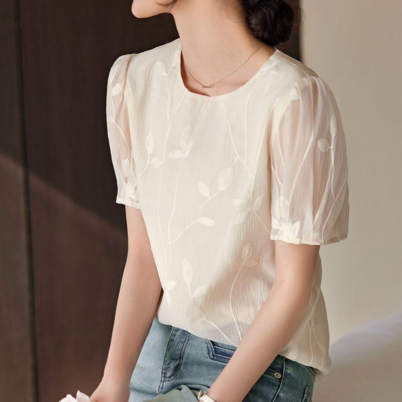 Short-Sleeve Crew Neck Embroidered Blouse Product Image