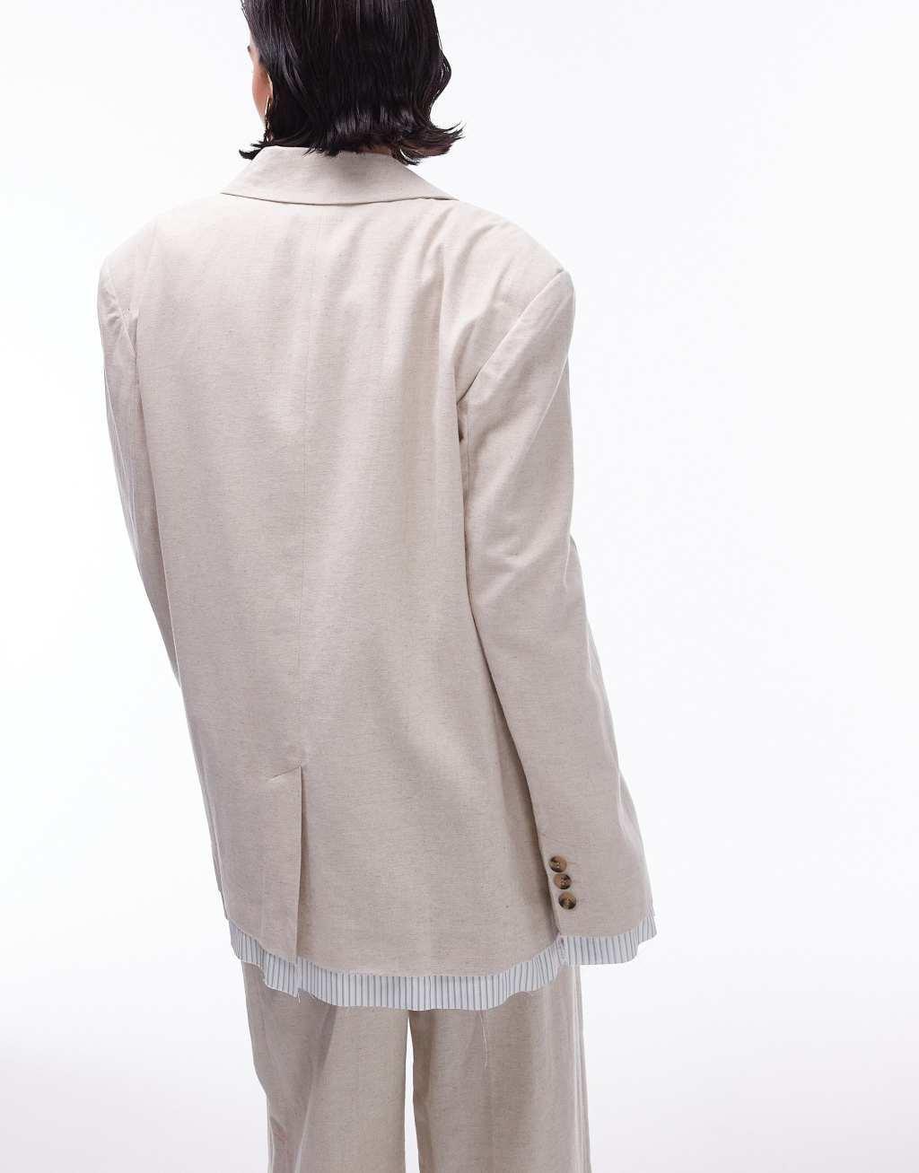 Topshop oversized linen blazer with exposed stripe lining in ecru - part of a set Product Image