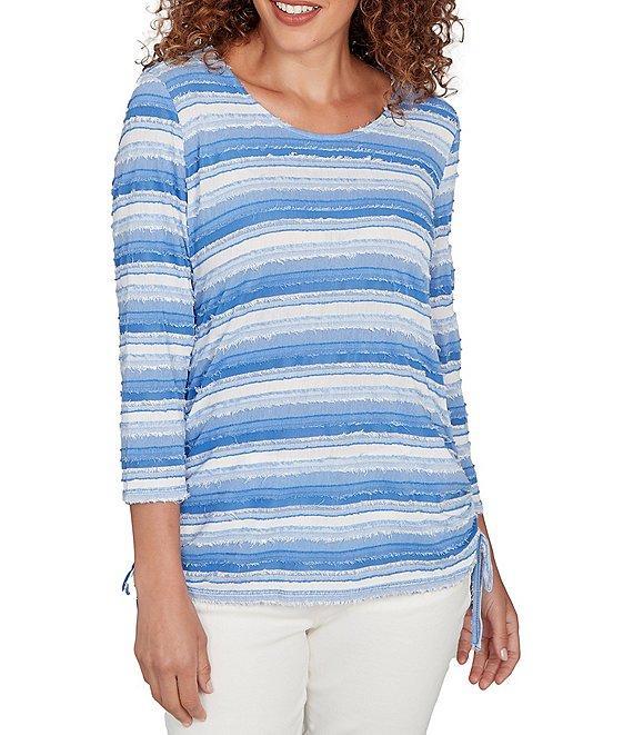 Ruby Rd. Petite Size Yarn-Dyed Eyelash Stripe Scoop Neck 3/4 Sleeve Adjustable Side Ties Top Product Image