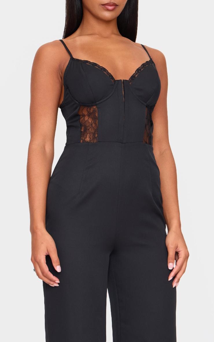 Black Woven Corset Lace Panel Strappy Jumpsuit Product Image