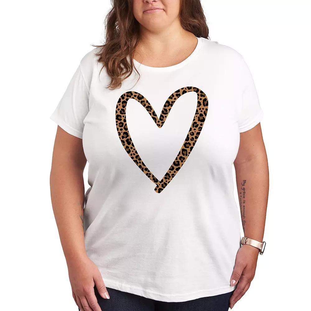 Plus Leopard Print Heart Outline Graphic Tee, Women's, Size: 1XL, Grey Dark Red Product Image