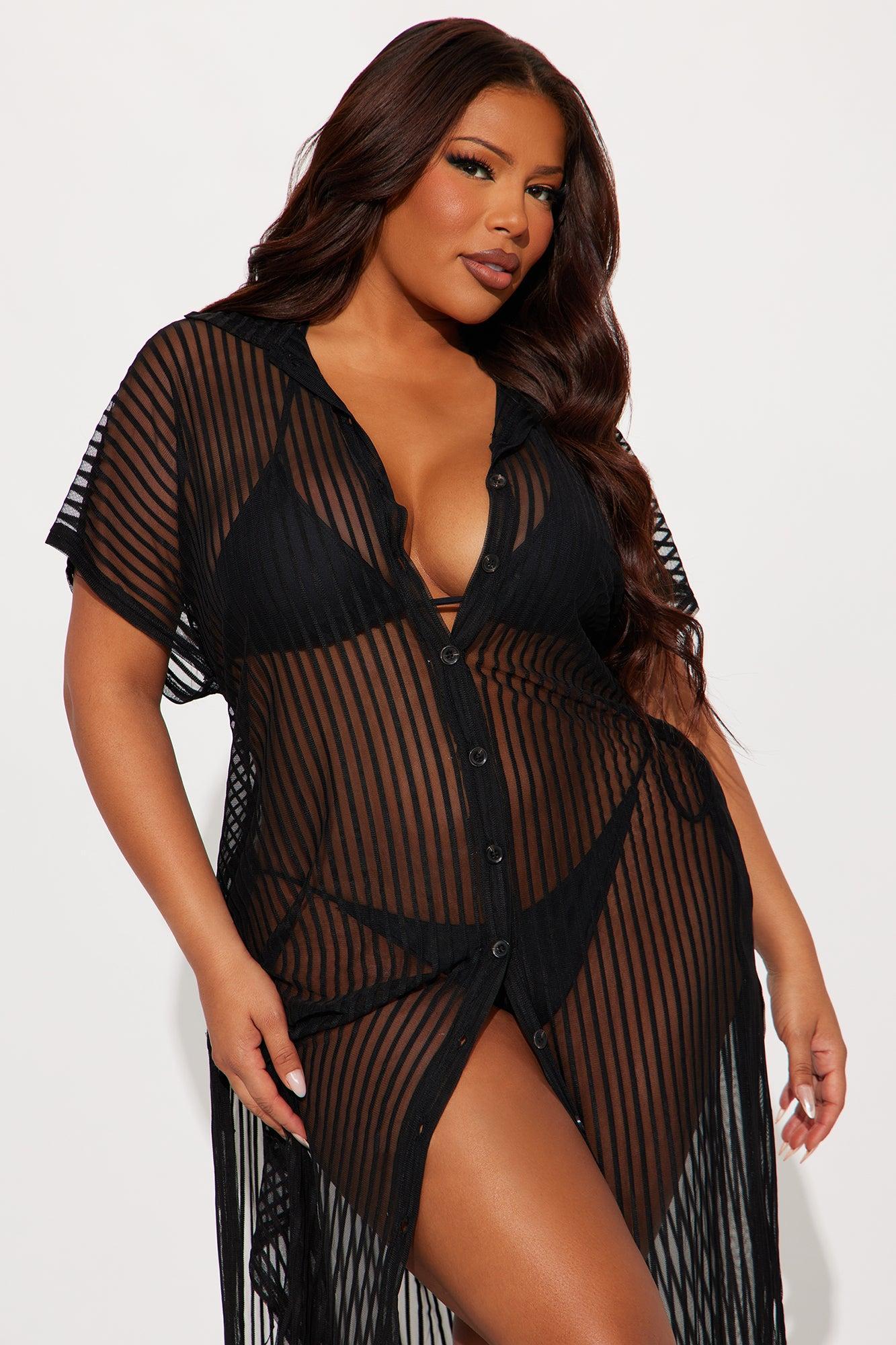 Palm Shade Stripe Midi Button Up Cover Up - Black Product Image